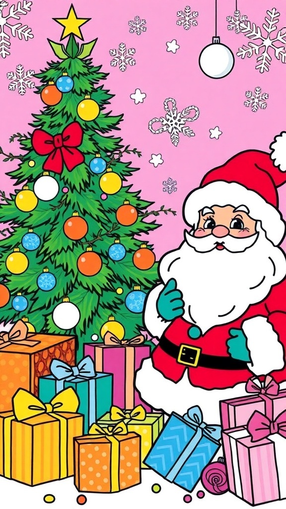 A Christmas coloring page of Santa Claus with presents and a tree, ready for coloring.